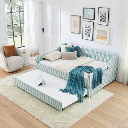 Full‑Size Daybed,Upholstered Convertible Daybed with Tufted Button Backrest, 3‑in‑1 Versatile Sofa Bed with Pull‑Out Trundle & Side Storage, Perfect for Compact Living-Cyan