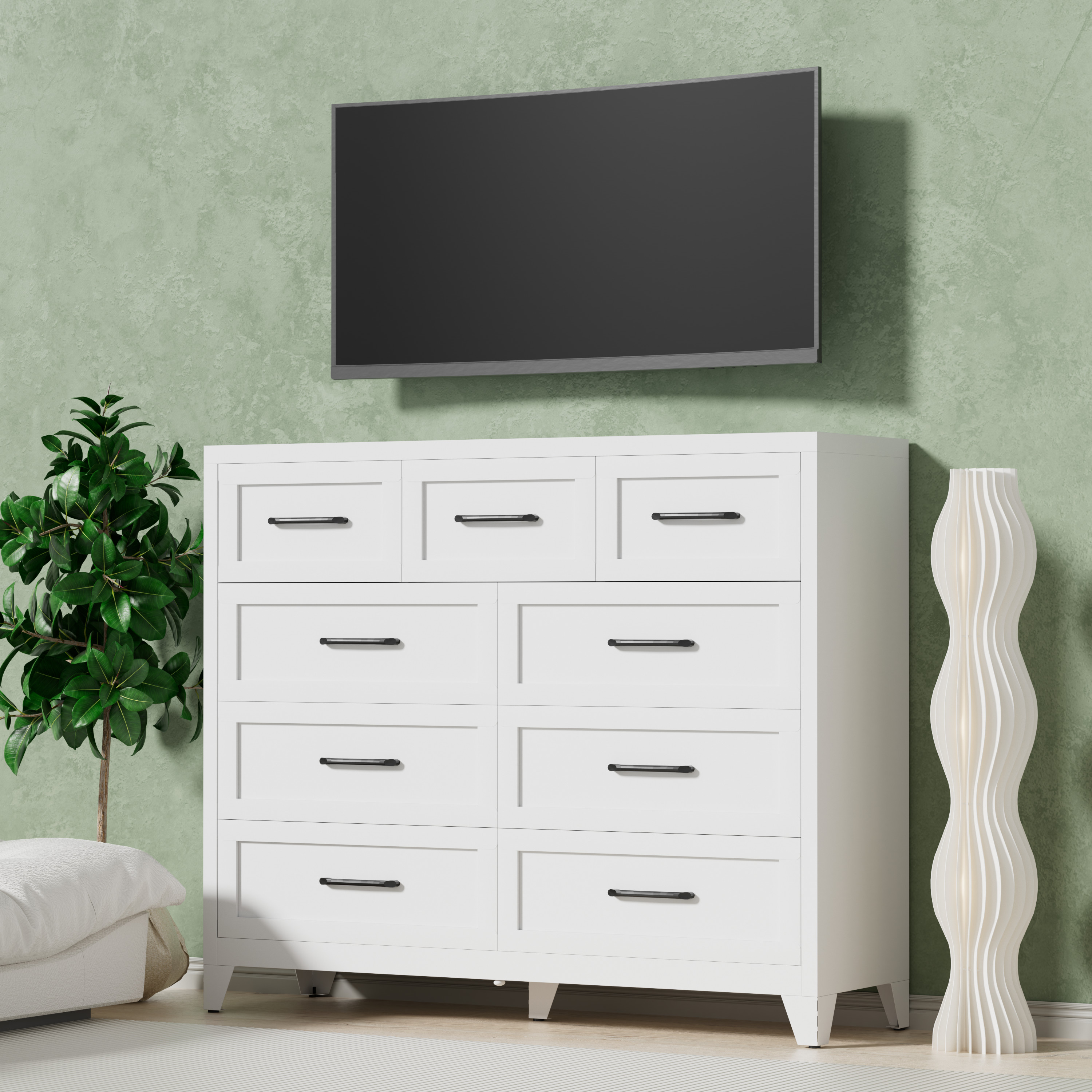 9-Drawer Tall Dresser, White Metal Storage Cabinet with Smooth Gliding Drawers, Space-Saving Chest of Drawers for Bedroom, Living Room, Entryway, Strong 5-Foot Design & Modern Handles