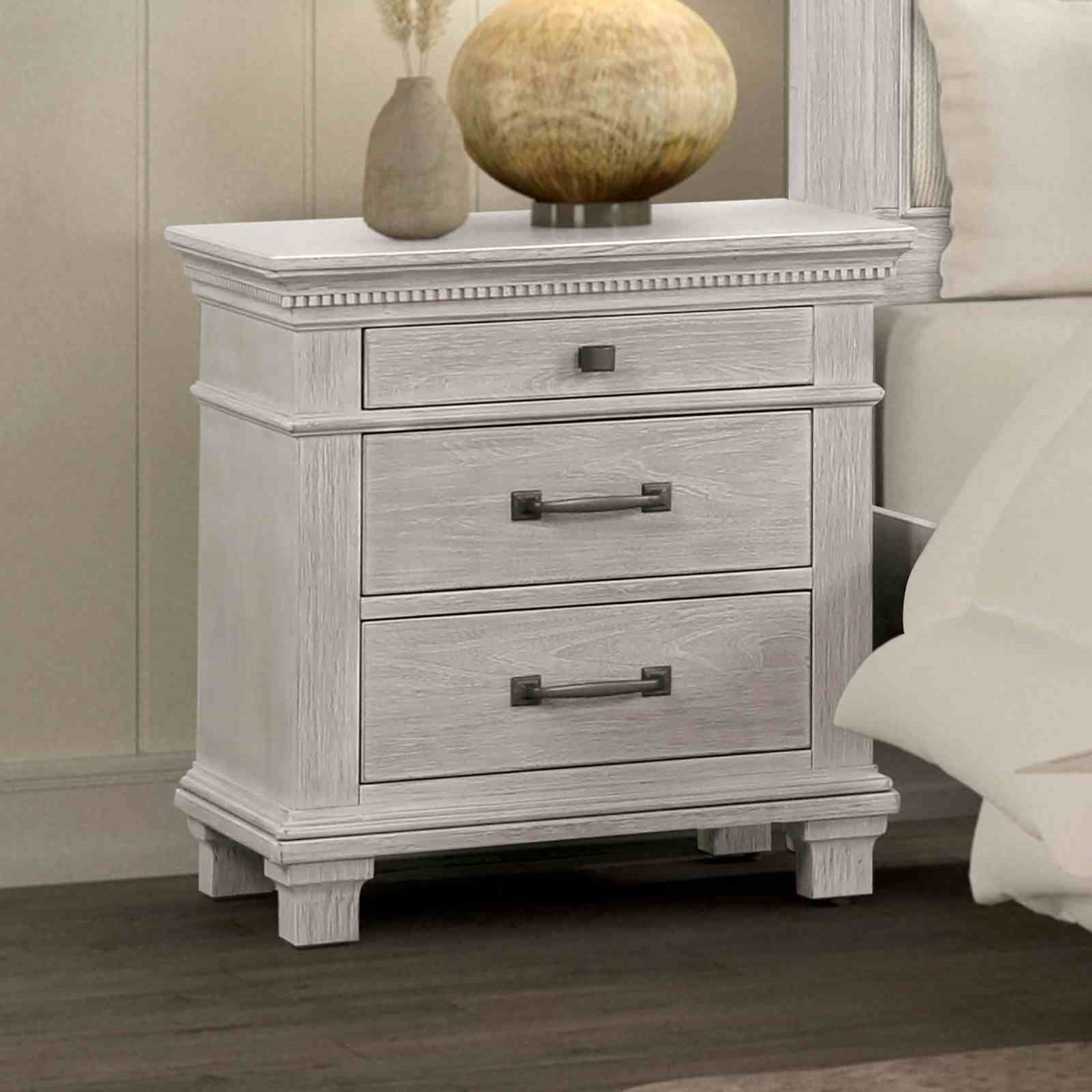 Transitional Style 1pc Nightstand Metal Handles Dental Molding Weathered Gray Finish Bedroom Furniture