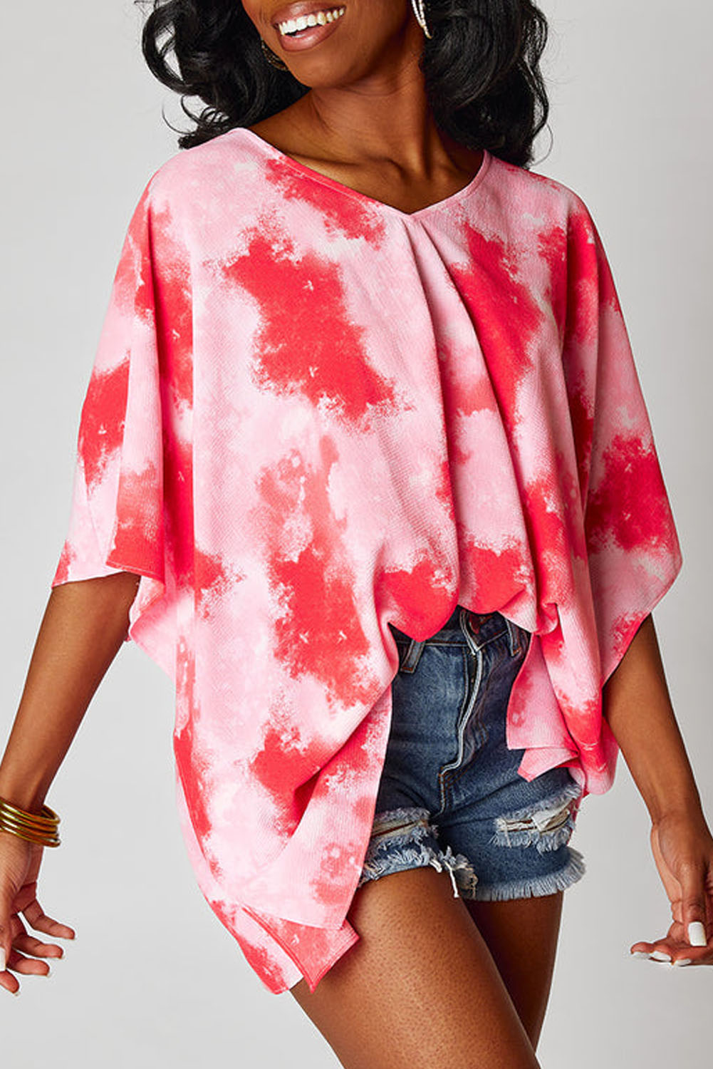 Wholesale Red Plus Size Tie Dye Print 3/4 Sleeve Tunic Top - Eloy Royal