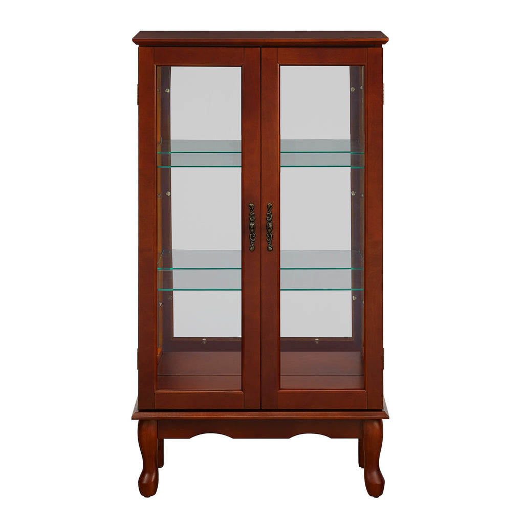 Lighted Curio Cabinet with Adjustable Shelves, Mirrored Back Panel, and Tempered Glass Doors, 3-Tier Cherry Finish