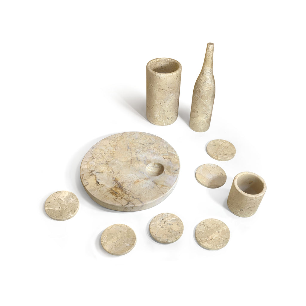 Luxury Natural Marble Dining Room Accessories Set, Genuine Marble, Gold Yellow Beige, 10 Piece Set