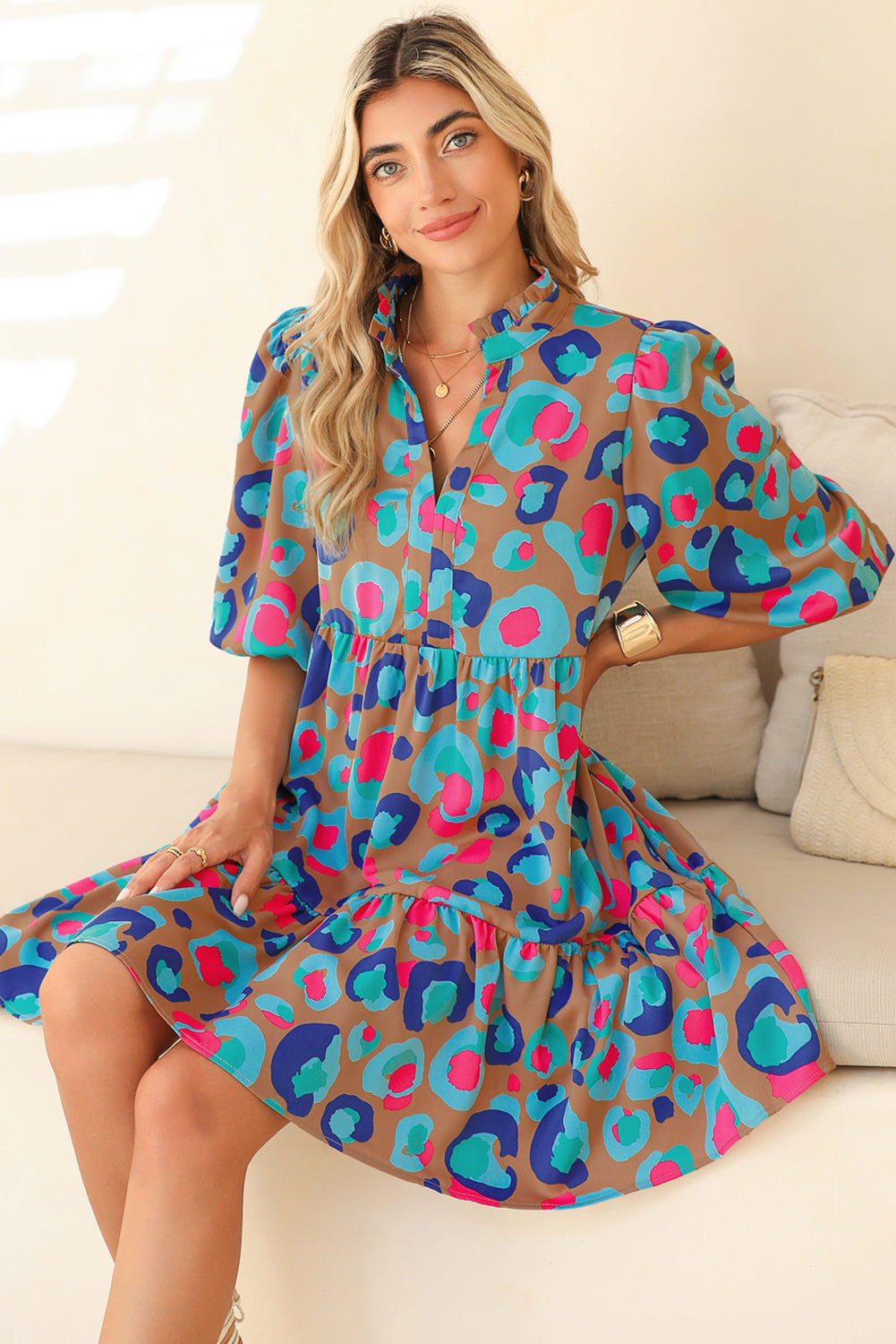 Green Waterclolor Print Bubble Sleeve Frilled V Neck Mini Ruffle Dress - Eloy Royal