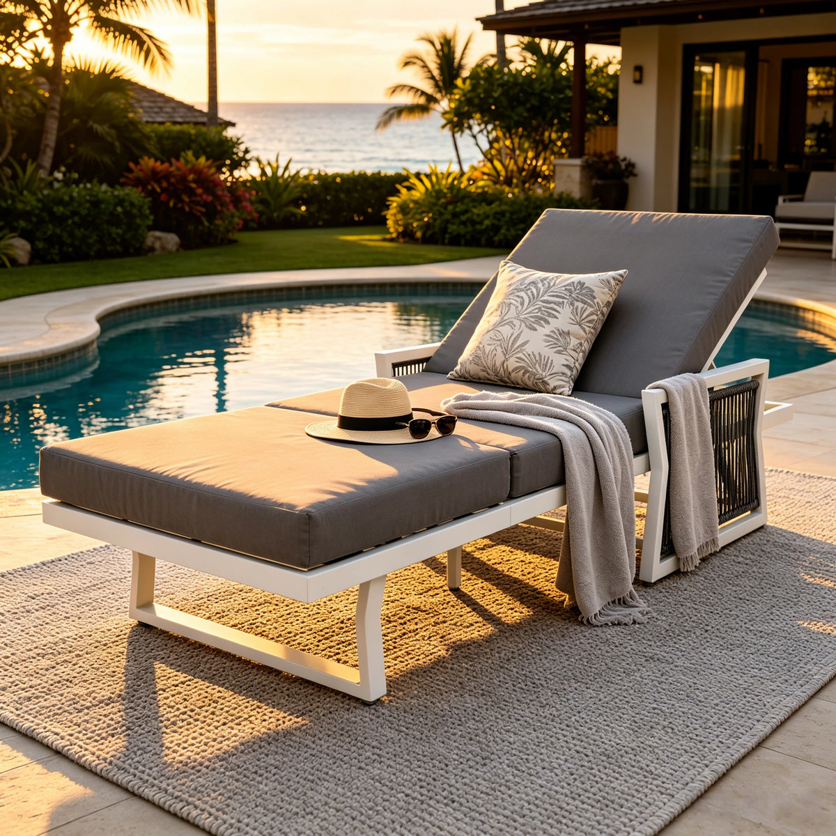 White Iron Outdoor Chaise Lounge with Black Rope Armrests, 4' Thick 3-Fold Dark Grey Water Resistant Cushion, 5-Position Adjustable Recliner, 400 LBS Capacity for Patio Pool Backyard