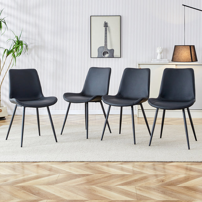 Black artificial leather backrest cushion dining chair, black metal legs, curved widened cushion design for more comfort, suitable for restaurants, kitchens, bedrooms, offices.(4 chairs)