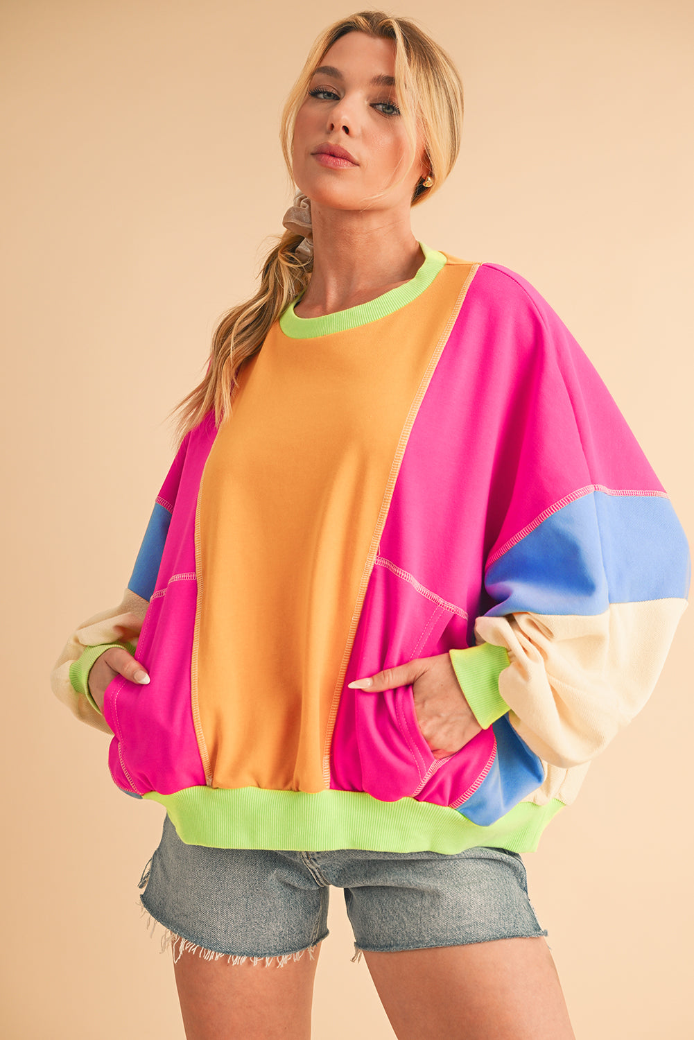 Orchid Petal Colorblock Patchwork Drop Shoulder Top