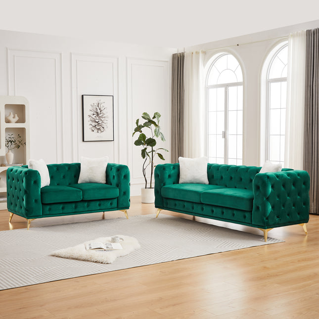 FX 3 seater + 2 seater combo sofa Velvet modern living room sofa with solid wood frame and metal feet, 4 cushions, apartment sofa furniture for living room, living room, office green