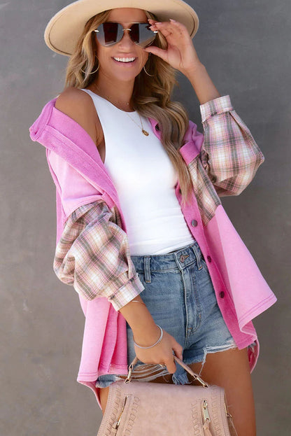 Rose Plaid Patchwork Chest Pockets Oversized Shirt Shacket - Eloy Royal