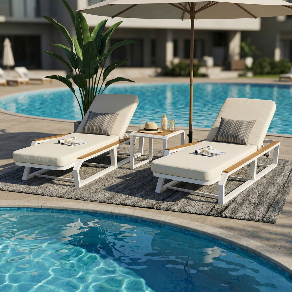 5-Piece Outdoor Chaise Lounge Set, 2 Adjustable Recliners with 2 Cream Cushions + 1 Side Table, Teak Wood Accents, White Iron Frame for Patio Poolside