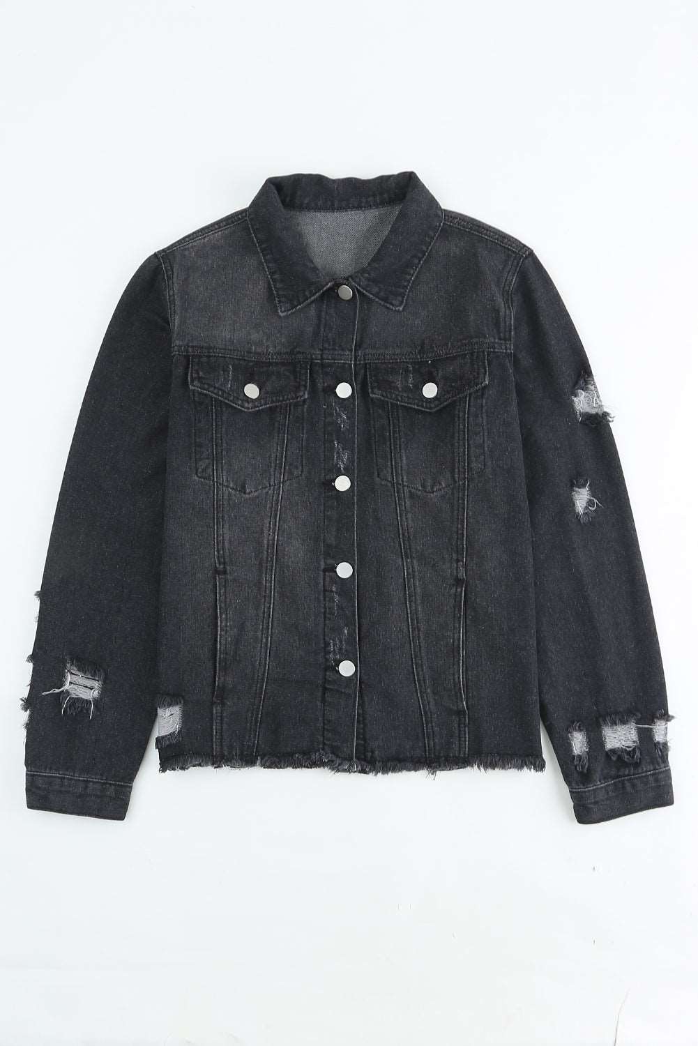 Black Casual Distressed Raw Hem Buttons Denim Jacket