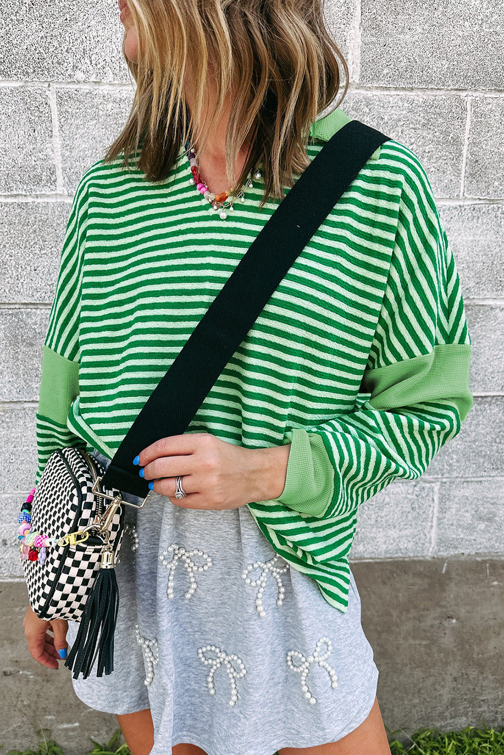 Green Stripe V Neck Collared Waffle Patchwork Loose Top