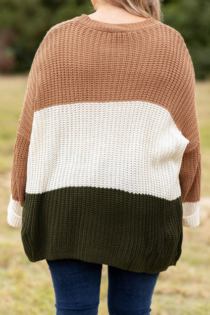 Khaki Color Block Tiered Knit Plus Size Sweater - Eloy Royal