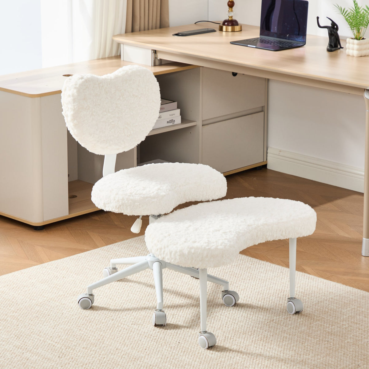 Artificial rabbit hair Meditation Chair Plus, Cross Legged Chair with Wheels, ADHD Chair, Criss Cross Desk Chair with Lumbar Support and Adjustable Stool, Flexible Design for Fidgety Sitters, Beige
