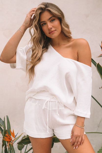 White Loose V Neck Blouse & Drawstring Raw Hem Shorts Set - Eloy Royal