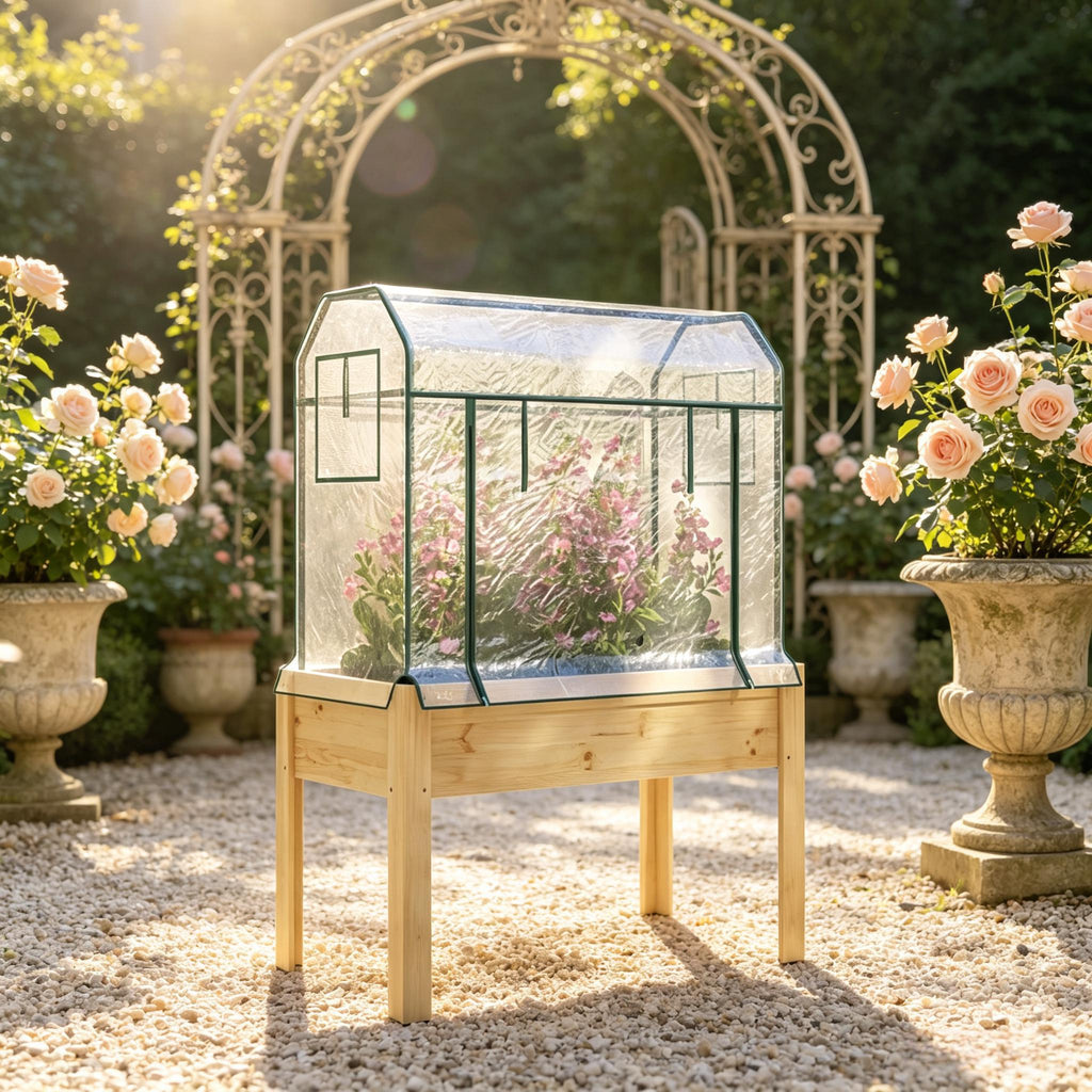 Raised Garden Planter Box with Plastic Greenhouse Cover, Outdoor Bed for Herbs Vegetables