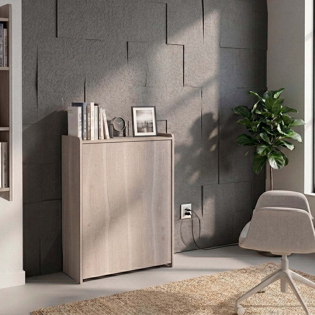 Leslie Retractable Desk with Built-in Storage Shelves, Space Saving Computer Writing Table