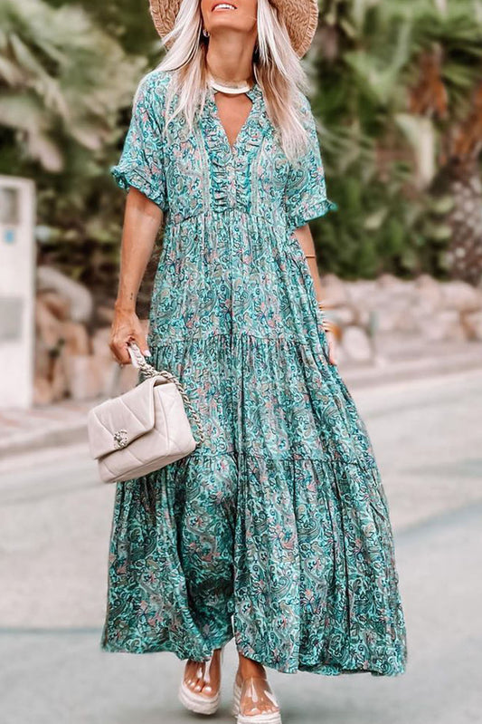 Sky Blue Paisley Print Split V Neck Tiered Boho Maxi Dress - Eloy Royal