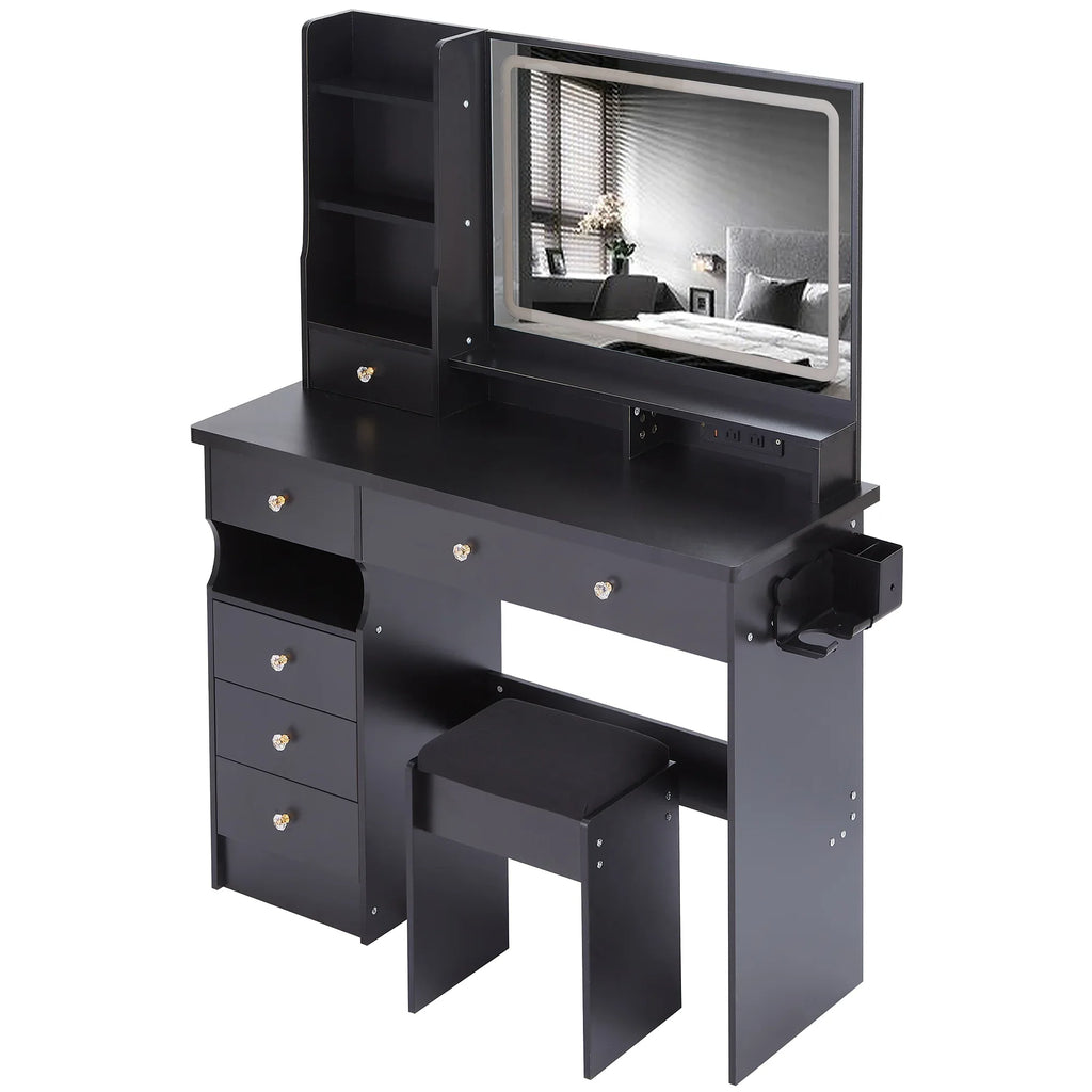 41' Large Size Left Drawer Desktop Vanity Table+Cushioned Stool Dresser Set, 2 AC+2 USB Power Station, Hair Dryer Stand, Extra Large Touch Control LED Mirror, 3-color Switch, EPA, GCC, UL Certificate - Eloy Royal