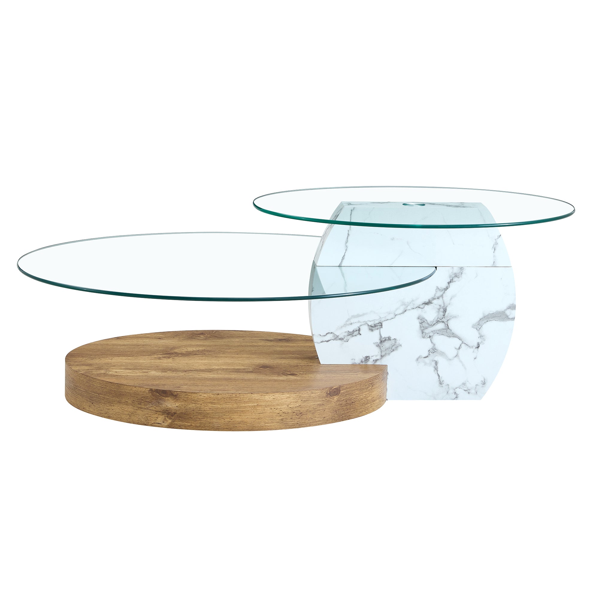 Contemporary Artistic Double Layer Coffee Table - White Marble and Wood Grain Collision, Multiple Colors Available.Density Board Sticker,Reinforced Glass,.