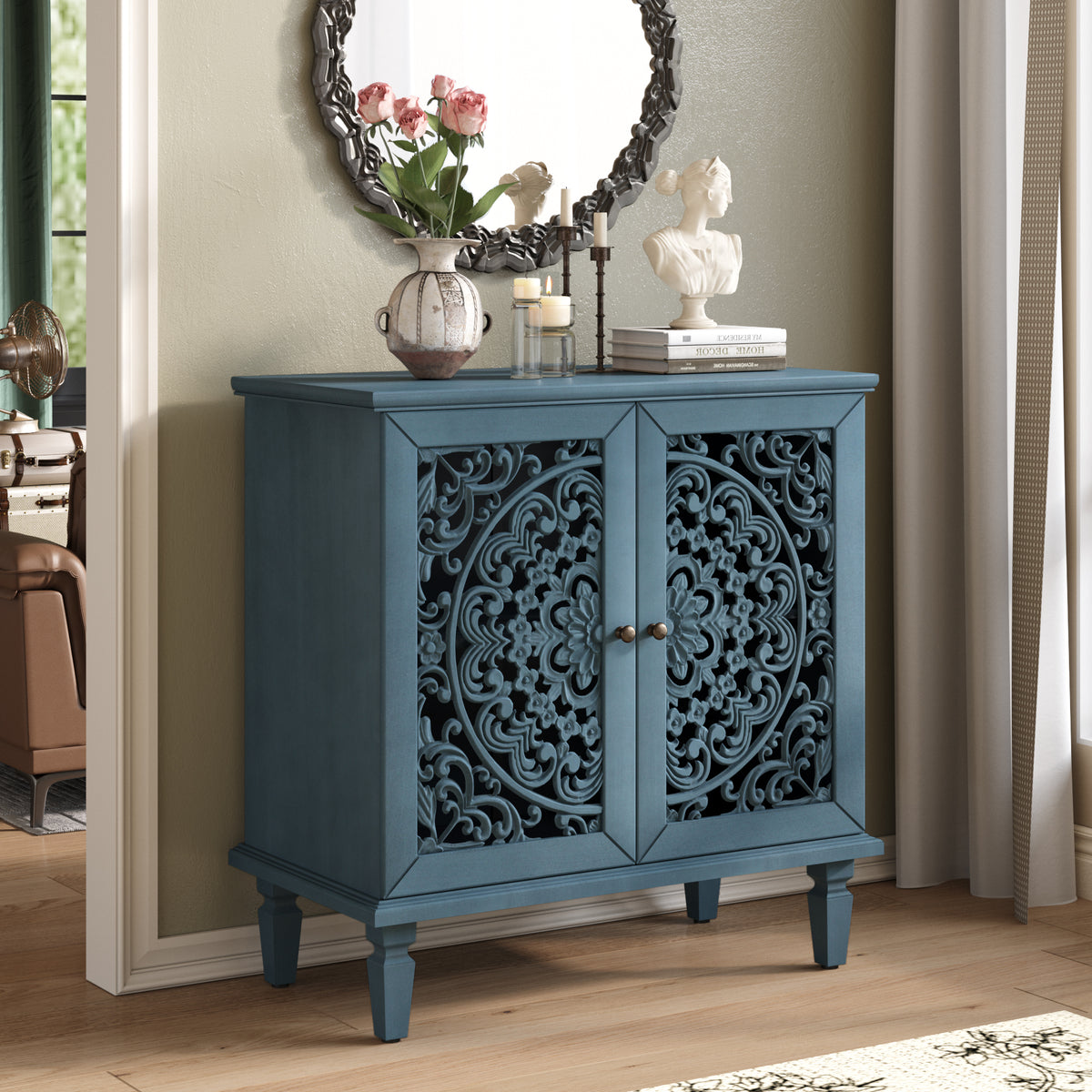 Vintage Hollow-Carved Accent Cabinet, 2-Door Display Storage Sideboard with Symmetrical Floral Design, Adjustable Shelf and Solid Wood Legs for Living Room Entryway(Antique Blue)