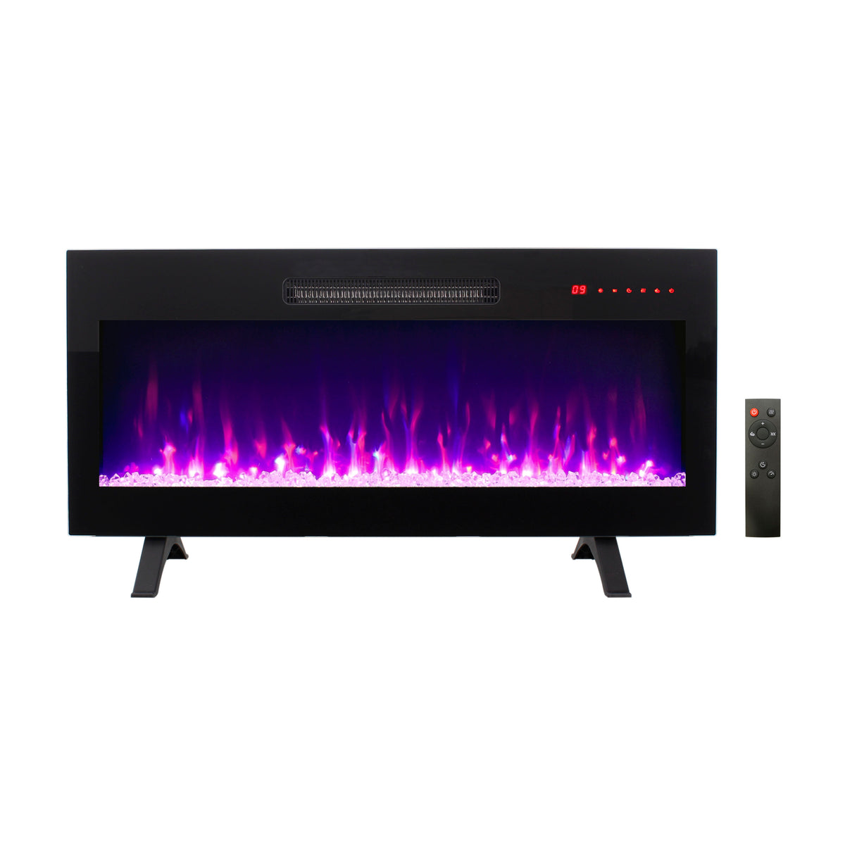 36 inch recessed ultra thin tempered glass front wall mounted electric fireplace with remote and multi color flame & emberbed, LED light heater