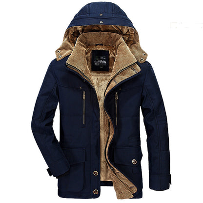 Thickened multi-pocket hooded men's cotton coat