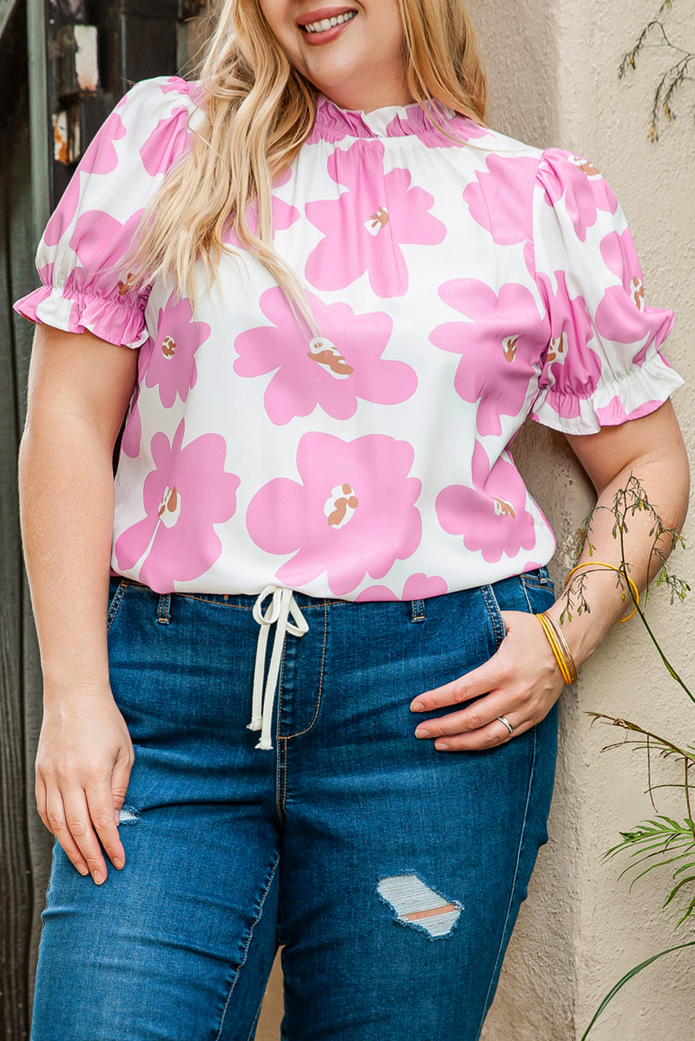 Purple Floral Ruffled Mock Neck Puff Sleeve Plus Size Blouse - Eloy Royal