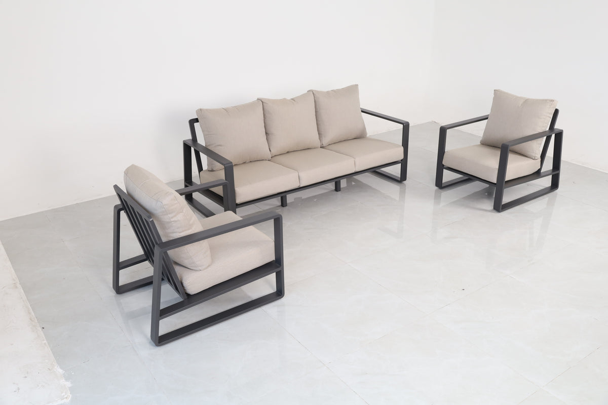 3-piece Luxury Dark Grey Aluminum Patio Furniture Set With Beige Cushions, Sofa With Club Chair