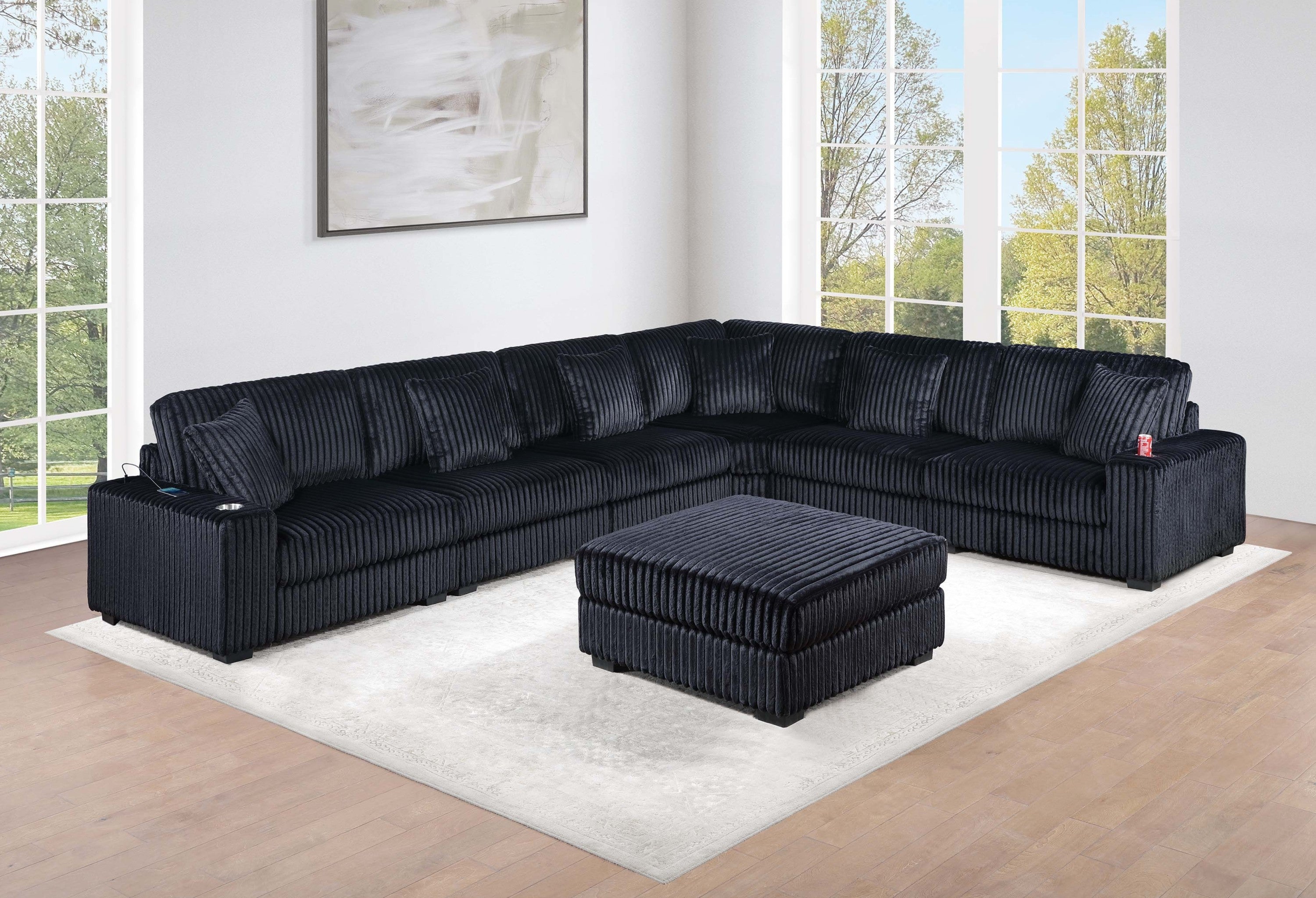 Contemporary Modern 7-PC Modular L-Sectional Sofa Set USB Cup Holder Black Corduroy Living Room Furniture Ottoman