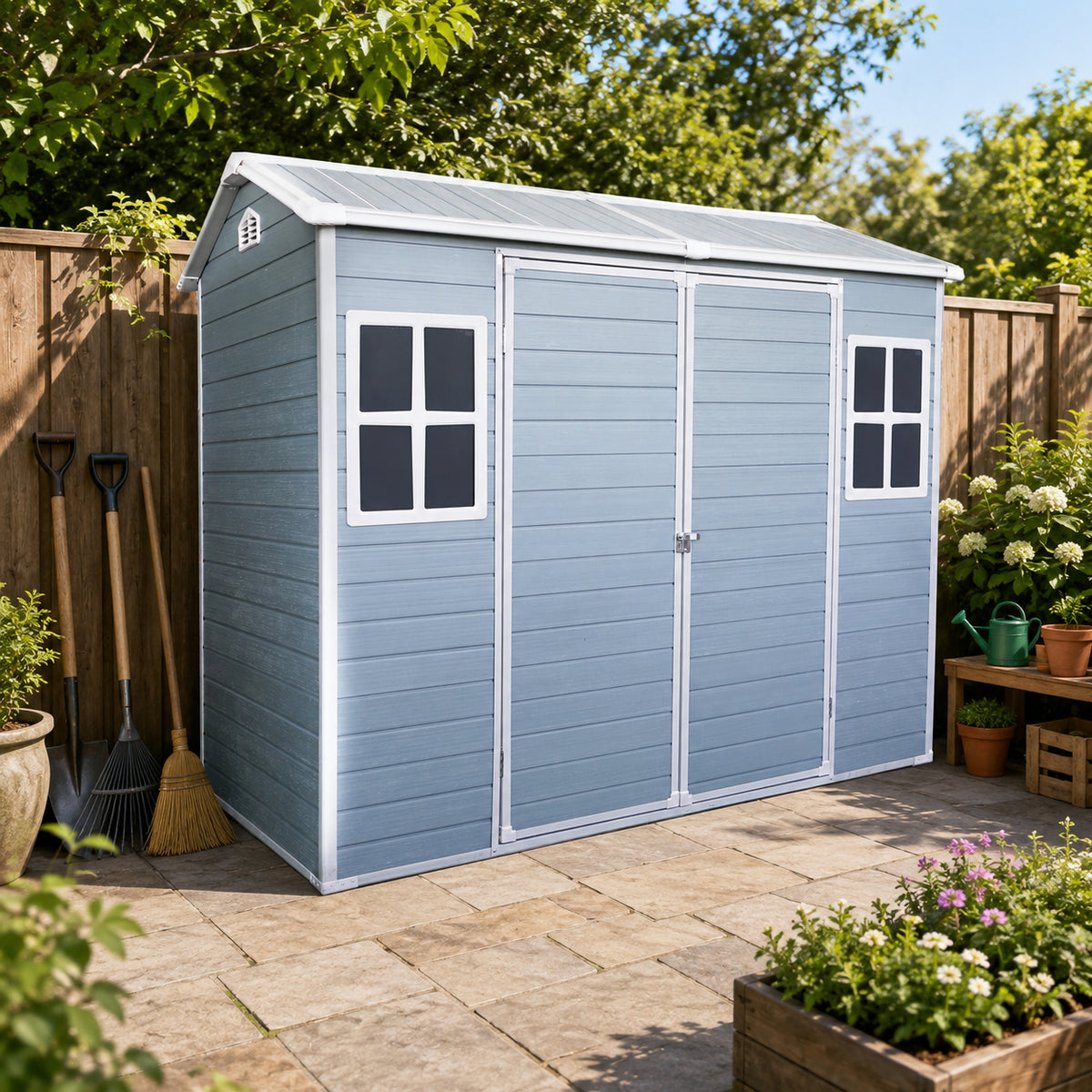 8 ft x 4 ft Outdoor Storage Shed with Two-Window and Double-Door, Plastic Shed with Floor for Garden,Patio,Yard,Lawn,gray (W540S00045)(W540S00074)(W540S00055)