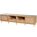Modern Farmhouse Rattan TV Stand for TVs up to 85'', Solid Wood Legs, Media Console with MDF Board, Living Room Entertainment Center in Wood Finish