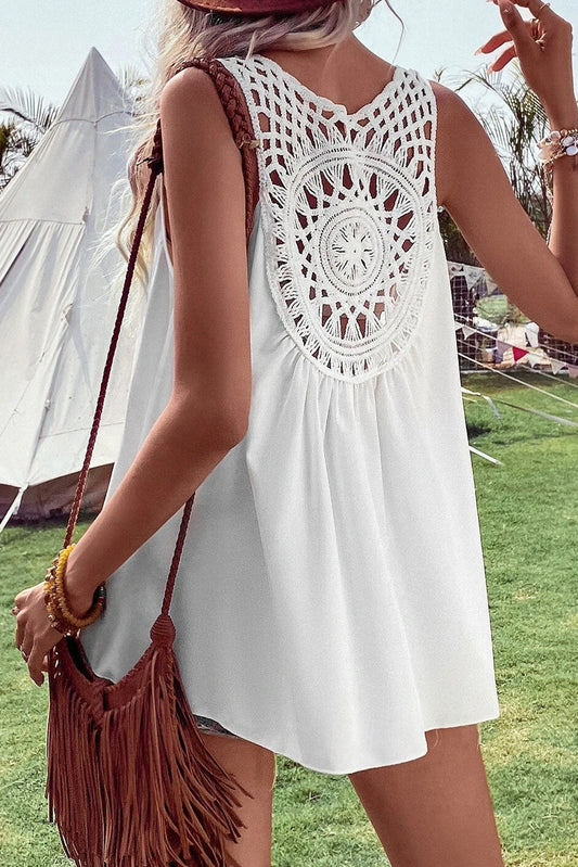 White Bohemian Crochet Sleeveless Tunic Top - Eloy Royal