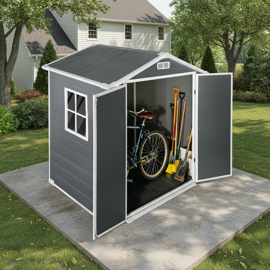 6x4 Ft Plastic Outdoor Storage with Floor and Lockable Door Plastic Garden Shed for Backyard, Lawn, Gray