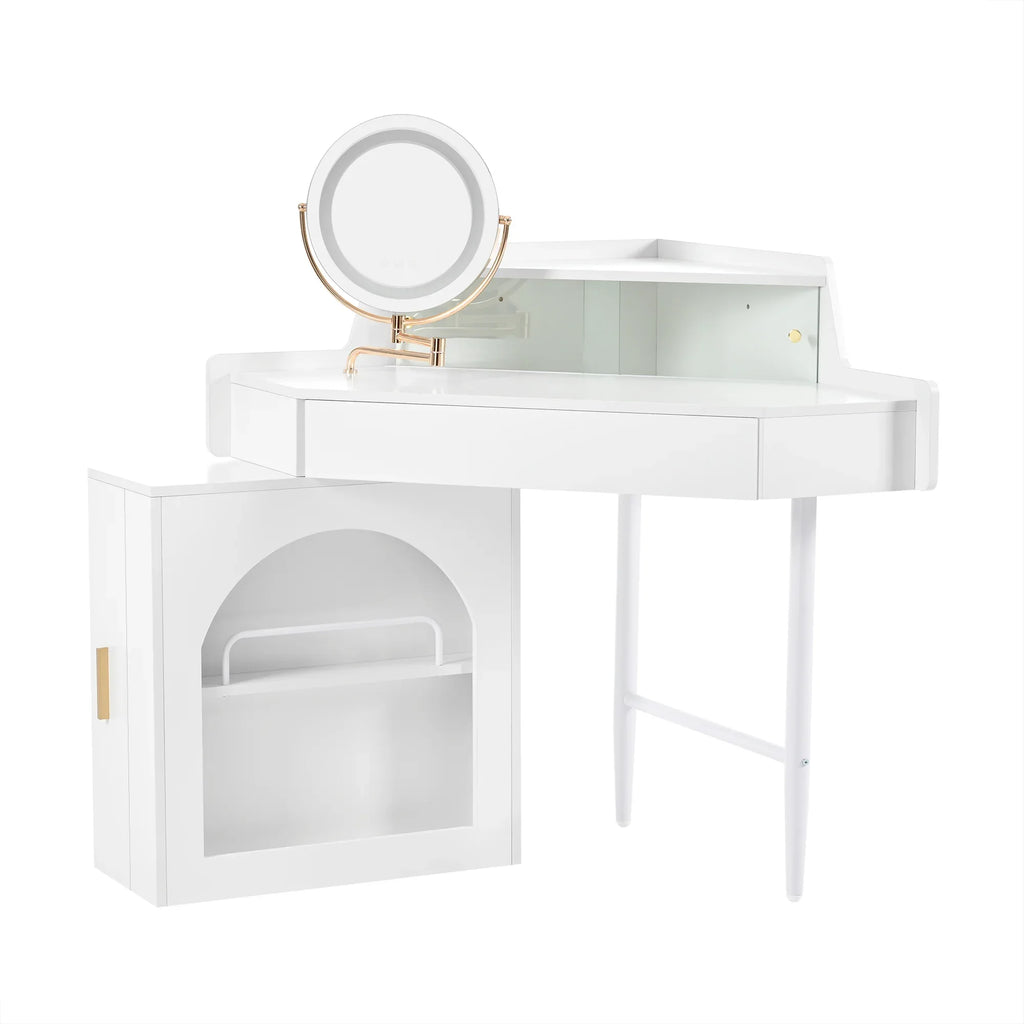 Corner Makeup Vanity Desk With Mirror & LED Lights, Modern Vanity Set With Mirror And Stool, Dressing Table With Large Storage For Small Place, Brightness Adjustable Folding Mirror, White - Eloy Royal