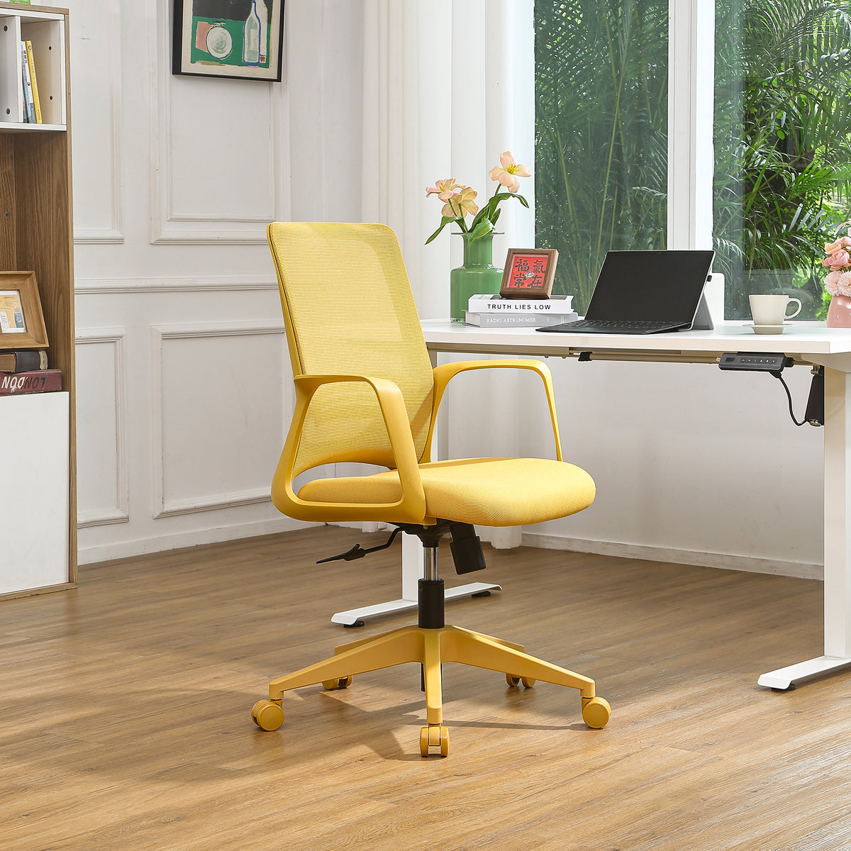 Executive Office Ergonomic Mesh Chair 350LBS, Office Seating, Mesh Fabric, Comfortable Sitting, Integrated Armrest, Lifting, Swivel Net Chair (Yellow)
