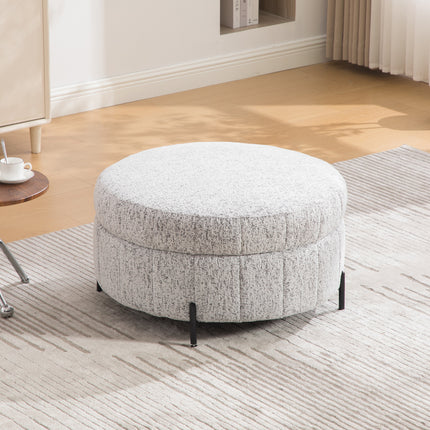 31.3'W Upholstered Round Ottoman With Reversible Lid, Chenille Storage Stool, Channel Tufted Pumpkin-shape Footstool for Living room, Bedroom and Office, White-Black
