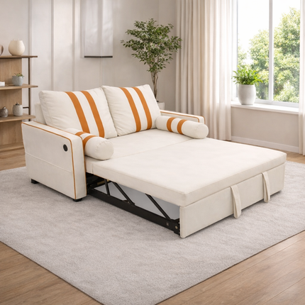 Beige 2 Seater Pull Out Sleeper Sofa Bed with USB Charging Port, Adjustable 3-Position Backrest, Modern Convertible Loveseat Couch with Elastic Armrest Panels for Living Room & Guest Room, 68.5' Wide