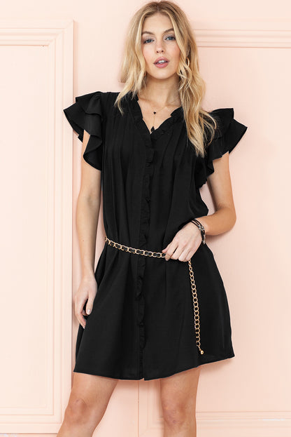 Black Ruffle Sleeve V Neck Frilled Shift Dress - Eloy Royal