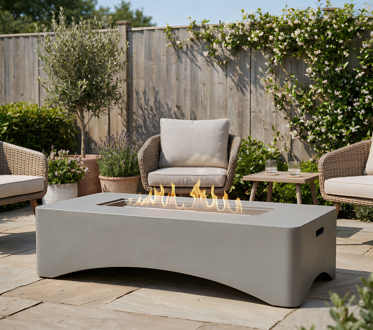 56' Propane Fire Pit Table, Rectangular Outdoor Gas Fire Pit 50,000 BTU, Modern Minimalist Fire Table for Patio Backyard Deck, Concrete Firepit with Waterproof Cover, Lava Rocks & Tank Seat–Light Grey