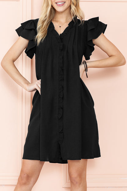 Black Ruffle Sleeve V Neck Frilled Shift Dress - Eloy Royal