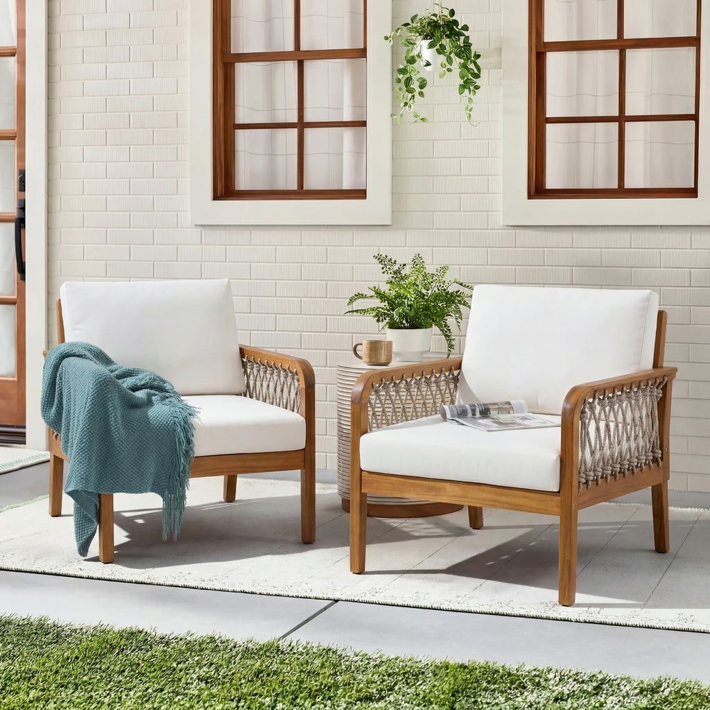 Outdoor Acacia Wood Club Chair with Handwoven Rope(Set of 2), Teak Finish