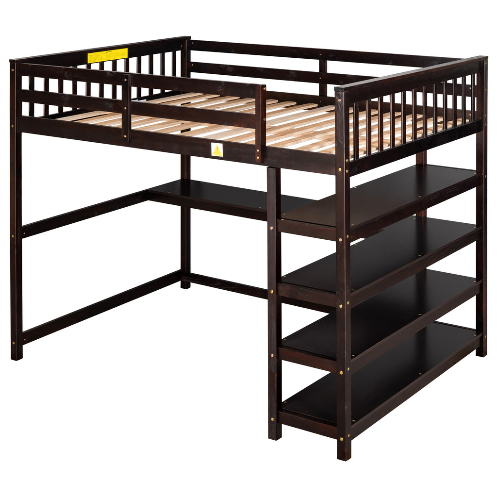 Espresso Full Size Loft Bed with Storage Shelves and Under-bed Desk, Solid Pine Wood and MDF, 79.7''L x 57.2''W x 68.3''H