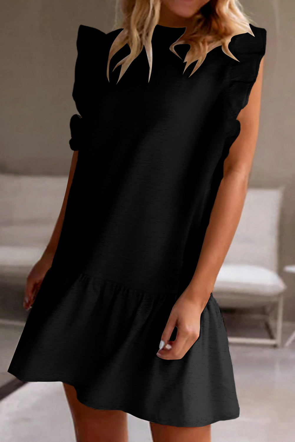 Black Solid Color Ruffle Hem Mini Sweatshirt Dress - Eloy Royal