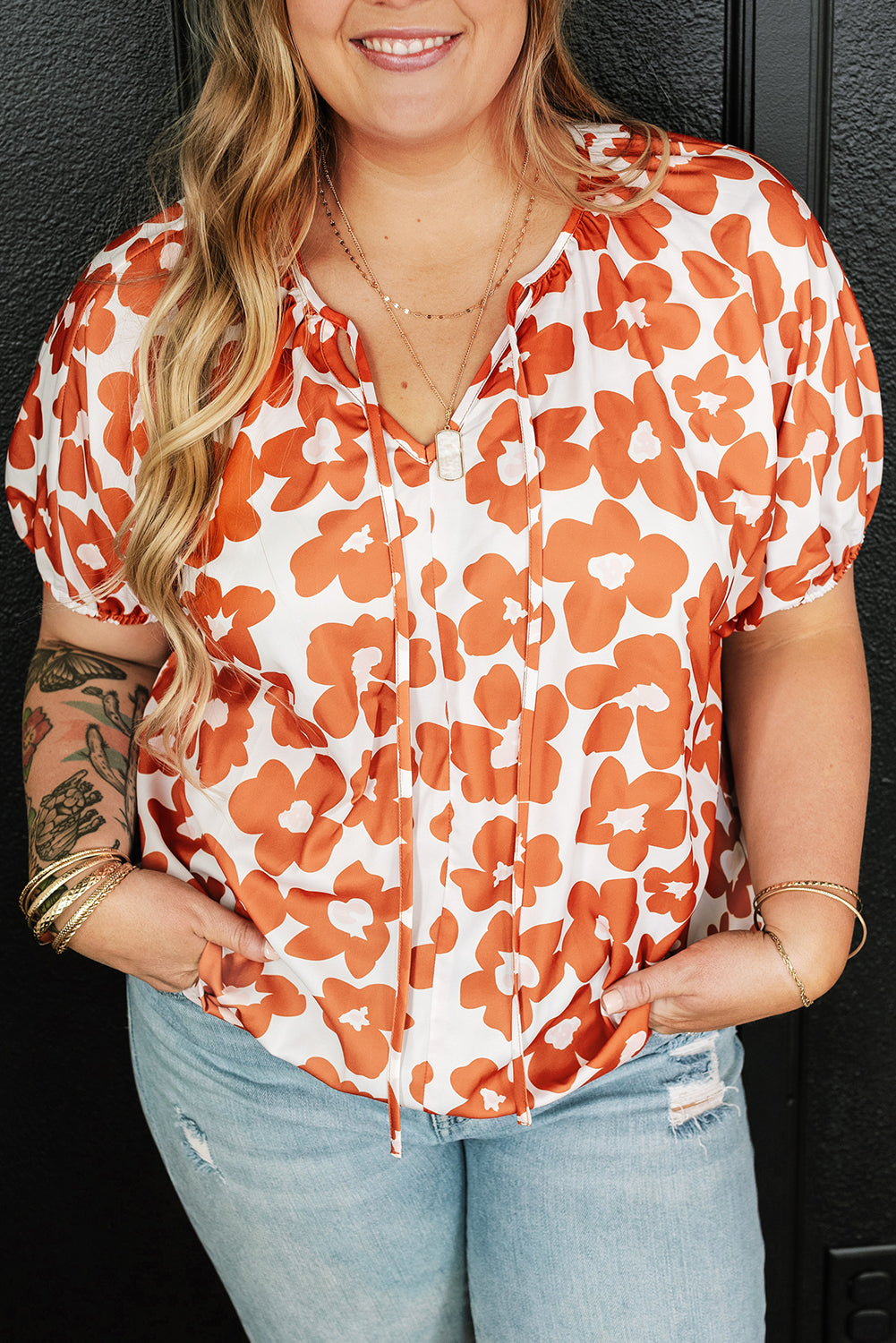 Orange Plus Size 60s Floral Print Drawstring V Neck Short Sleeve Blouse - Eloy Royal