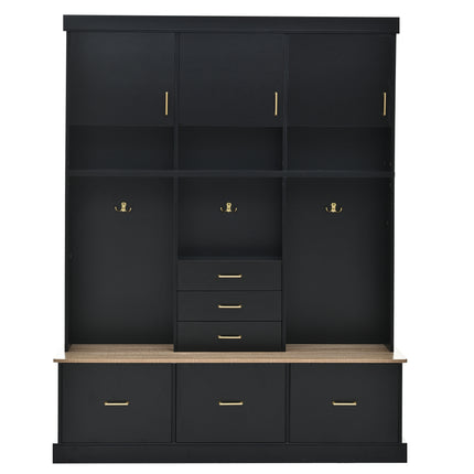 75'' H Entryway Hall Tree with Bench and Storage, 5-in-1 Modern Hall Tree with Coat Rack, 6 Drawers, 3 Cabinets and 3-Tier Top Storage for Hallway, Entryway, Living Room, Mudroom