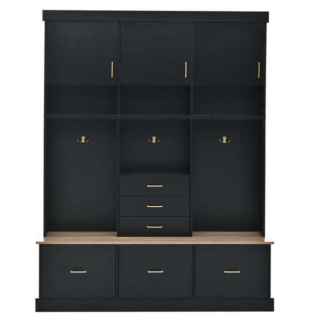 75'' H Entryway Hall Tree with Bench and Storage, 5-in-1 Modern Hall Tree with Coat Rack, 6 Drawers, 3 Cabinets and 3-Tier Top Storage for Hallway, Entryway, Living Room, Mudroom