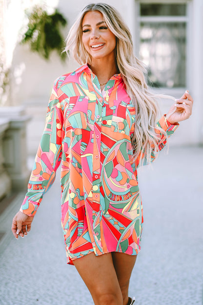 Multicolor Abstract Print Long Sleeve Shirt Dress - Eloy Royal