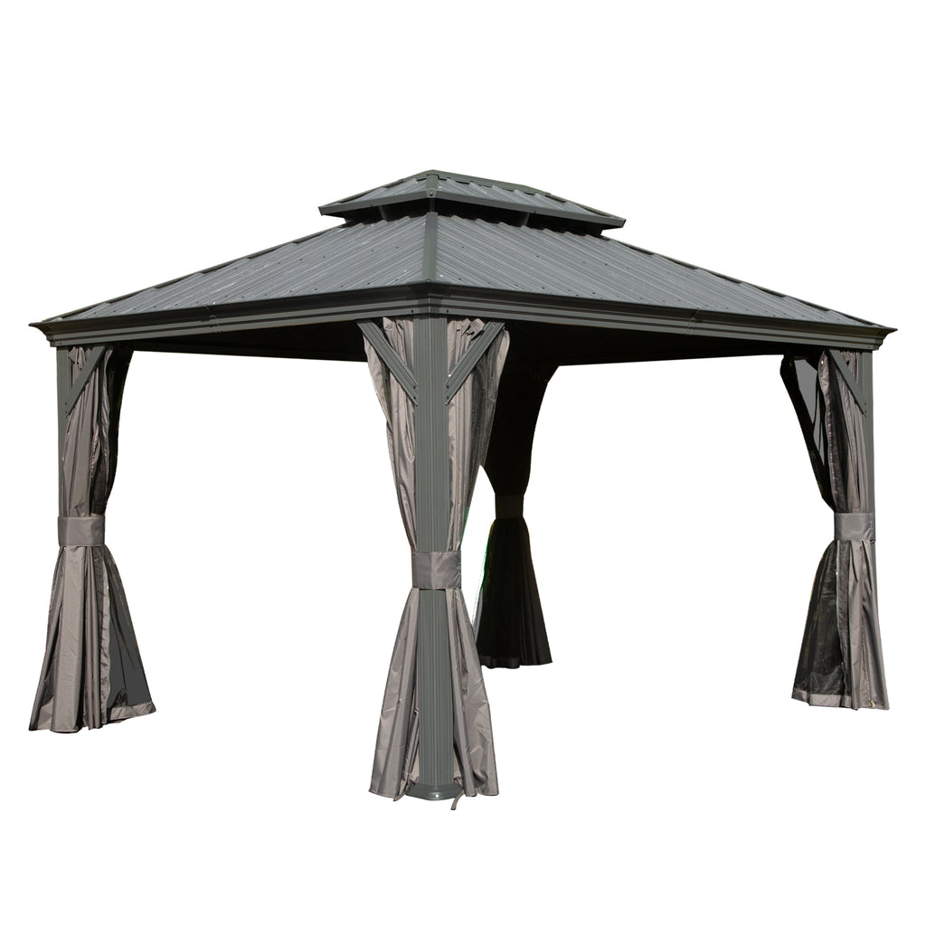 11x13FT Outdoor Gazebo, Hardtop Gazebo with Galvanized Steel Double Roof, Metal Gazebos with Drainage System Patio Pergola for Patio Deck Backyard,Curtain and Netting,Gray