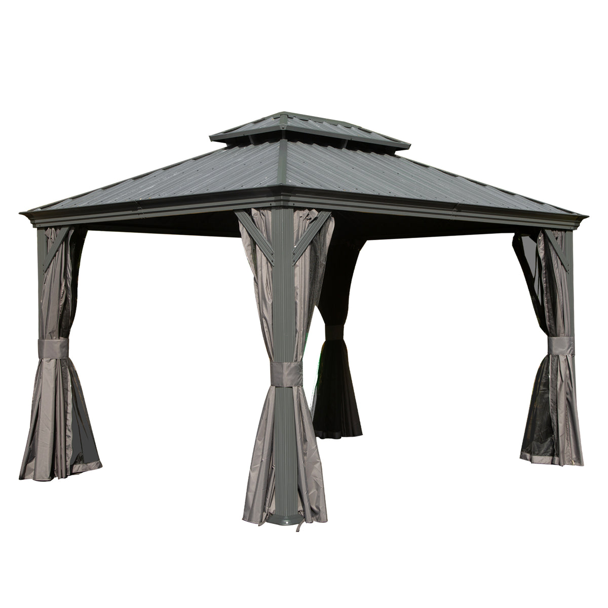 11x13FT Outdoor Gazebo, Hardtop Gazebo with Galvanized Steel Double Roof, Metal Gazebos with Drainage System Patio Pergola for Patio Deck Backyard,Curtain and Netting,Gray