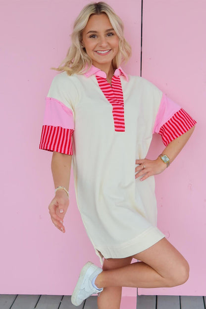 Pink Stripe Colorblock Sleeve Collared Mini Dress - Eloy Royal